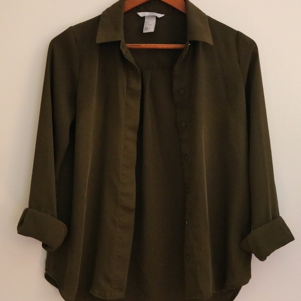 Silky Olive Button Up Shirt